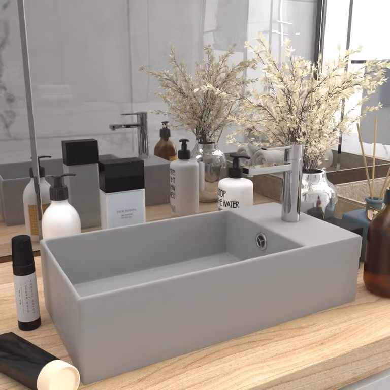 The Living Store Lavandino da bagno con troppopieno in Vetroceramica grigio chiaro