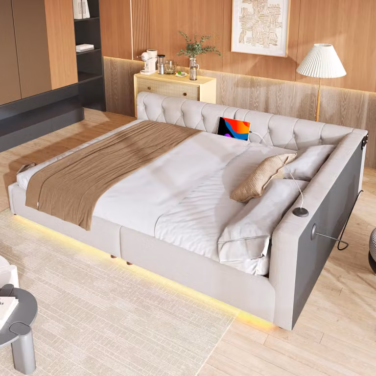 STILVORA Divano letto 140x200 con materasso, divano letto con rete a doghe e illuminazione d'atmosfera telecomandata, letto per ragazzi con testiera capitonné, beige