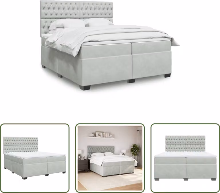 The Living Store Letto a molle con materasso grigio chiaro 200x200 cm in velluto