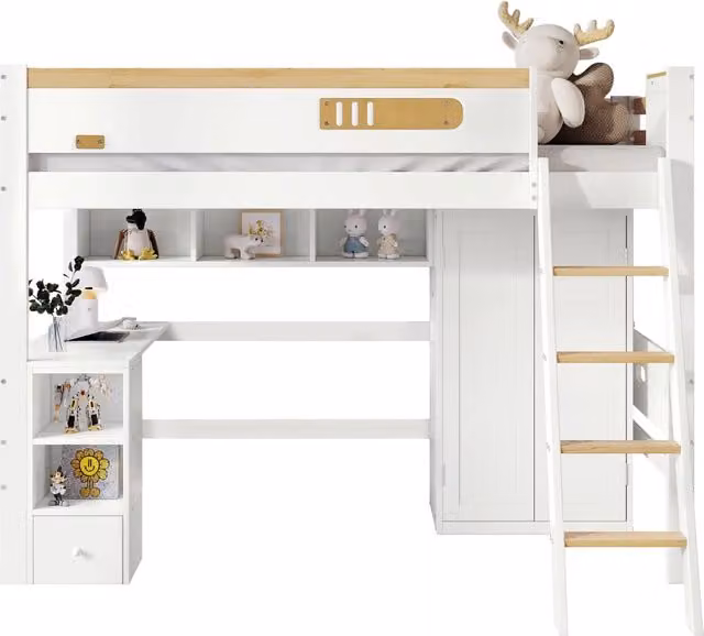 Letto a castello per bambini 90x200 cm con scrivania, armadio, scaffali e scala