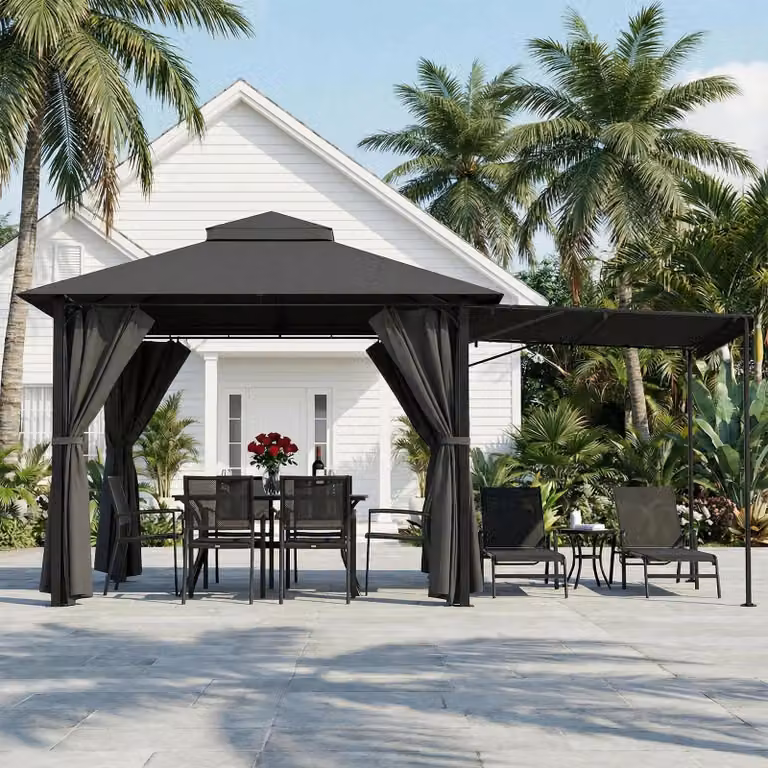 Tenda da giardino con struttura a gazebo, tenda laterale estendibile, struttura in alluminio, tetto a doppio strato, colore nero