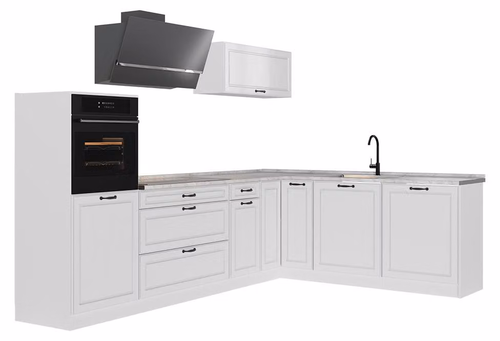 Cucina angolare completa Vicco R-Line Bianco country/Bianco 287 x cm piano di lavoro Marmo, Model 68216