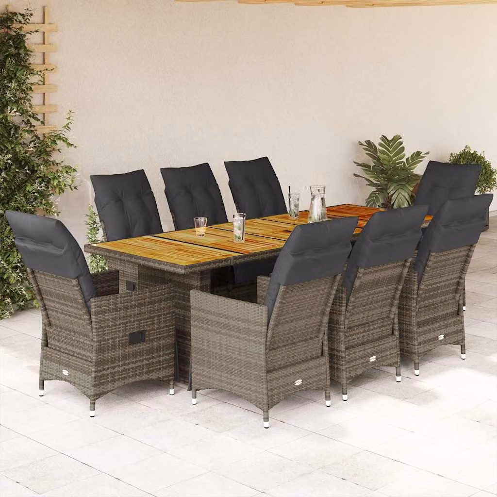 vidaXL Set Bistrò da Giardino 9 pz in Polyrattan e Legno di Acacia Grigio