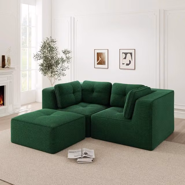Divano Angolare Modulare 2 Posti con Poggiapiedi ¨C MINIMAL ¨C Tessuto Verde