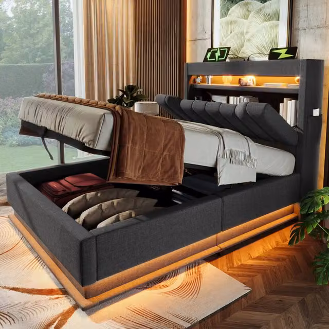 Letto singolo WISHDOR imbottito in tessuto grigio con contenitore a sollevamento, illuminazione sottostante, porte USB, mensola integrata e struttura moderna L/P/H: 90 x 200 cm