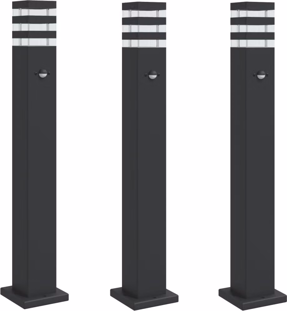 Lampade Terra per Esterni con Sensori 3pz Nere 80cm Alluminio