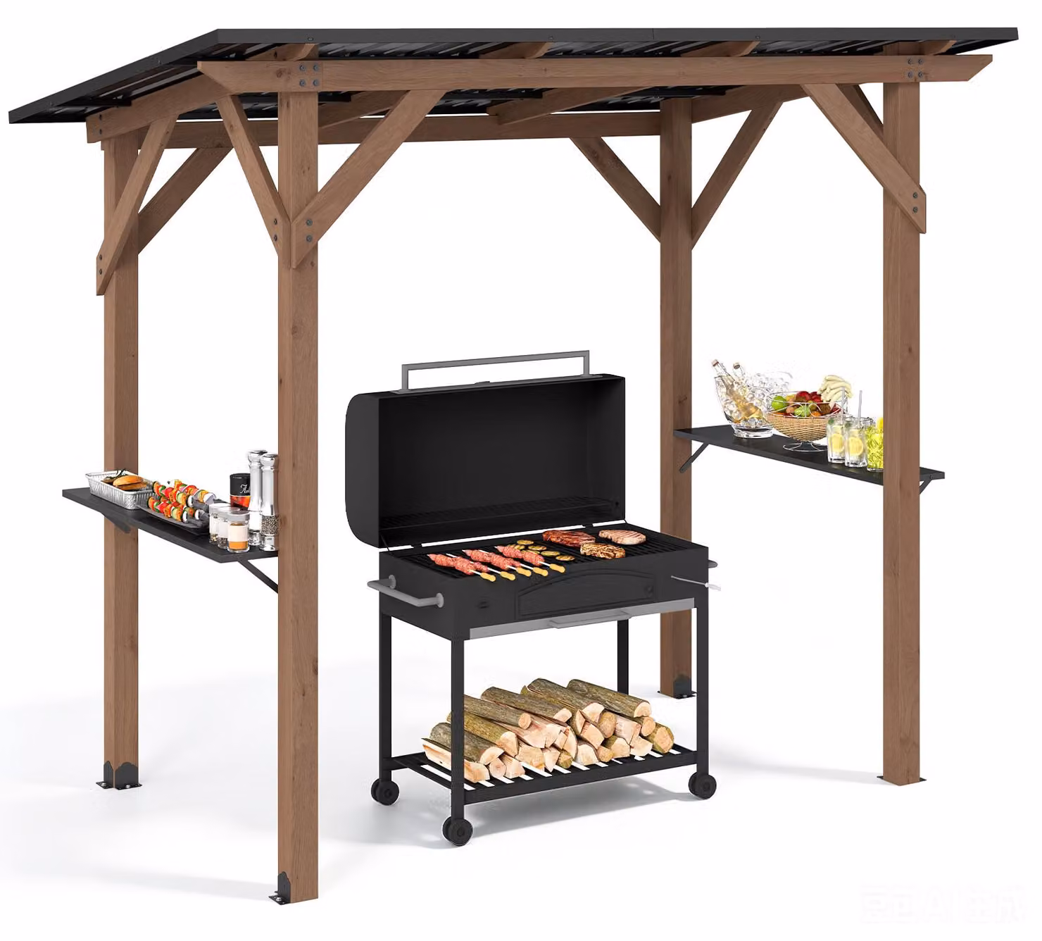 COSTWAY, gazebo per barbecue in legno, 263x151x223 cm, struttura portante per barbecue con tetto in metallo zincato e 2 ripiani laterali, copertura per barbecue resistente alle intemperie