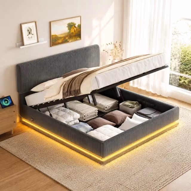 Letto contenitore Mivray con LED e porte USB-C, testiera regolabile in velluto a coste grigio, L/P: 160 x 200 cm