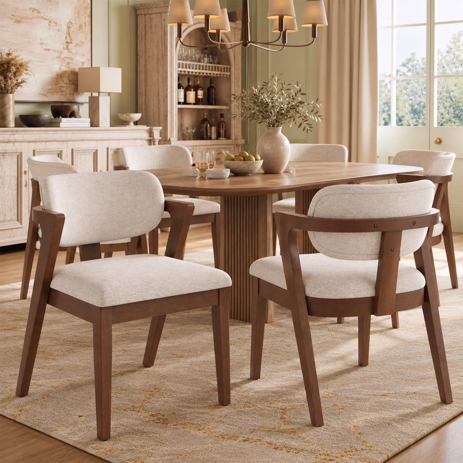 Sedie da pranzo Flieks, set da 6, con rivestimento in lino; sedie da cucina, poltrone imbottite con struttura in legno massello; poltrona per il soggiorno, finitura in legno di noce