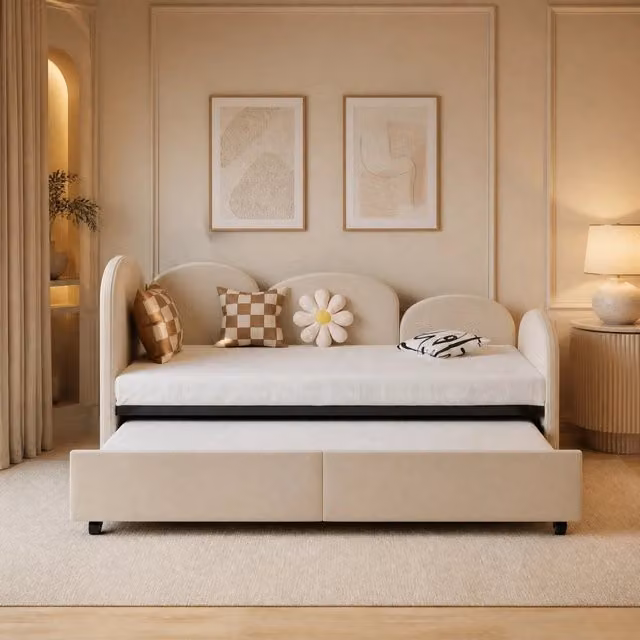Letto per bambini a forma di fiore 90x200 cm in velluto beige con cassetto