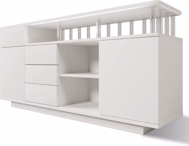 Credenza moderna per soggiorno bianca con 4 cassetti, 2 ante e illuminazione LED integrata, L: 160 cm, P: 40 cm, H: 75 cm
