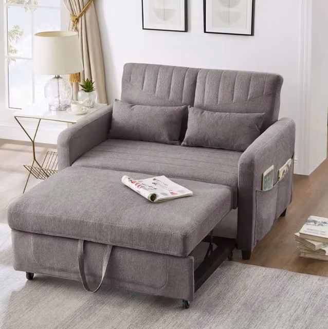 Divano letto due posti grigio, schienale regolabile a 3 posizioni e letto estraibile