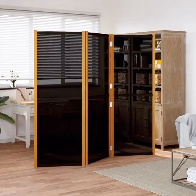Paravento Divisorio per Ambienti a 3 Pannelli in Legno di Acacia Oliato e Textilene Nero H: 180 cm