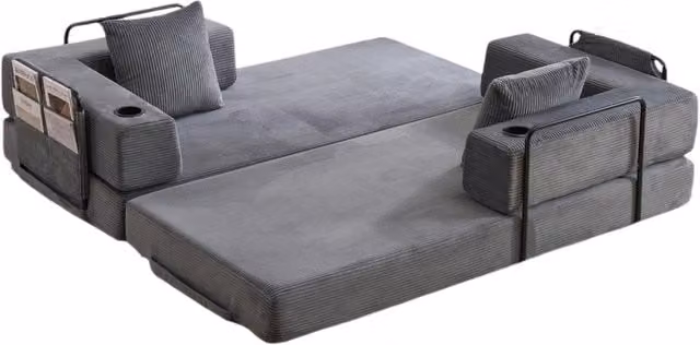 Divano Letto Piatto in Velluto a Coste Grigio Scuro con Braccioli, Porta Bicchieri e Tasche Laterali