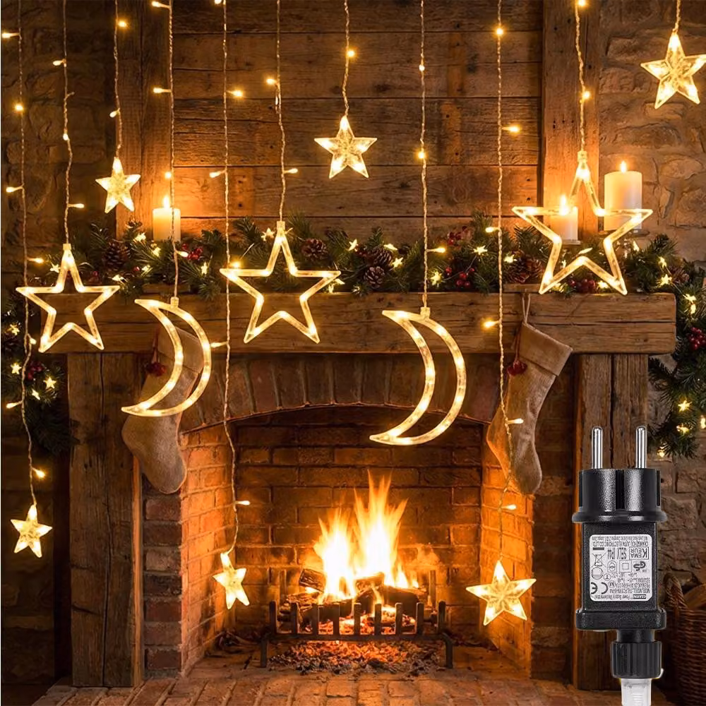 Stella luna luci fatate 3M Natale luci decorative tenda bianco caldo 124 LED 8 modalità decorazione di Natale festa finestra soggiorno camera da letto luci