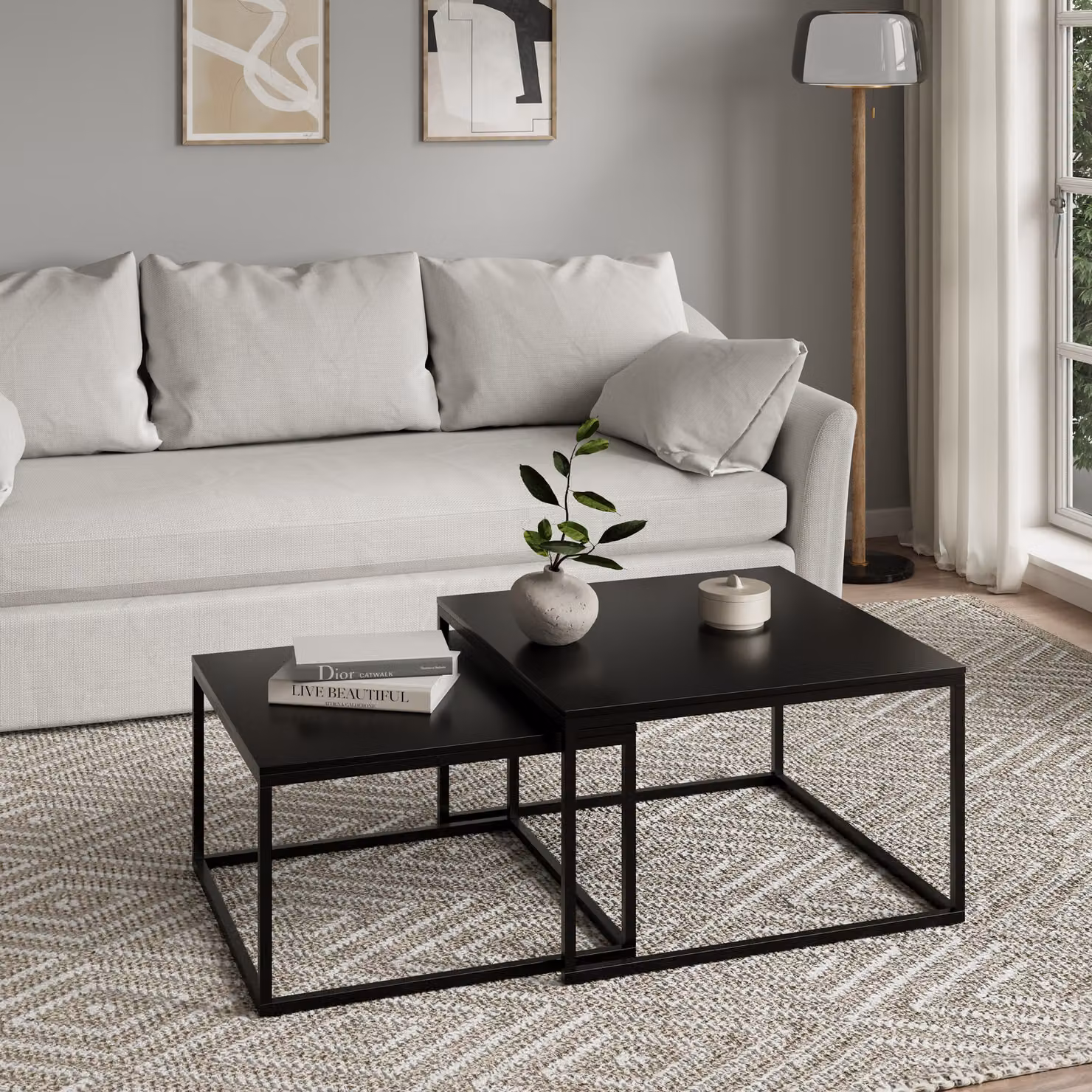 Set di 2 tavolini quadrati neri in legno, tavolino da salotto, set di tavolini 2 in 1 con struttura in metallo per soggiorno, ufficio, loft, design TWIN