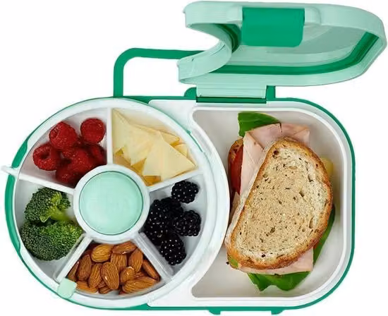 Lunchbox riutilizzabile per bambini con 5 compartimenti, contenitore snack verde trasparente in polipropilene, senza BPA e PVC, lavabile in lavastoviglie