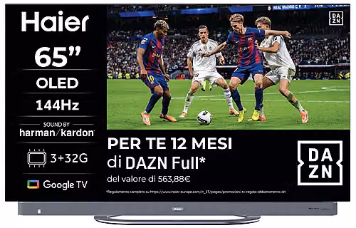 Smart TV OLED Haier H65C95EUX da 65 pollici 4K UHD con Google TV, 144Hz, Dolby Vision e Atmos, sistema audio Harman Kardon, colore nero