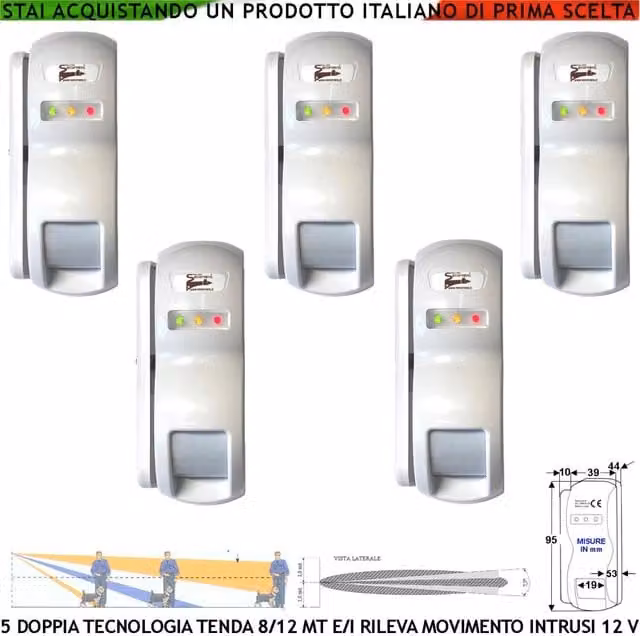 Set di 5 sensori di movimento Securvera con doppia tecnologia PIR e microonde, rilevamento anti-furto per esterno e interno, portata 8-12 m, colore bianco