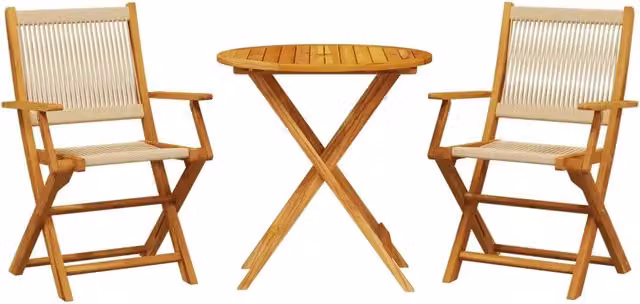 Set da Bistrot 3pz | Set Salotto da Giardino Beige in Polipropilene e Legno Massello