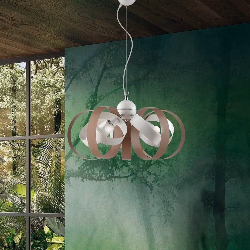 Lampadario Moderno Sospeso a 5 Luci con Cerchi in Metallo e Vetro Serie Bolla BELIGHT Bianco e Beige – 2