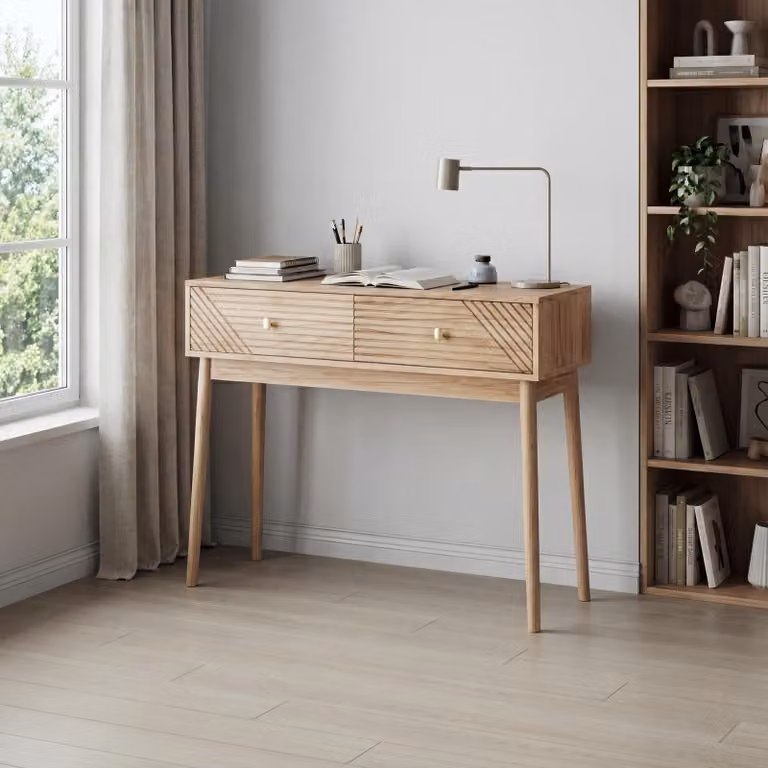 Scrivania STILVORA con cassetti, tavolino consolle in stile retrò con ripiani aperti, tavolino da divano per soggiorno, ingresso o corridoio, disponibile in finitura noce