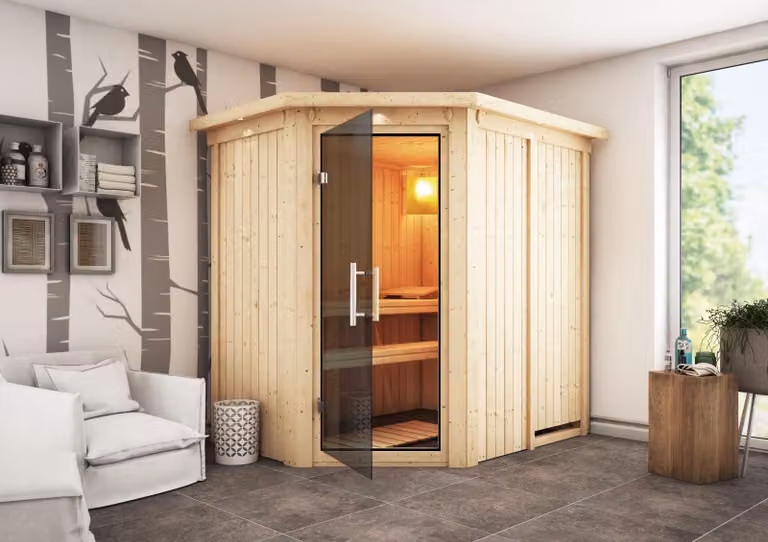 Sauna Karibu Carin (ingresso angolare), porta interamente in vetro, grafite, senza accessori