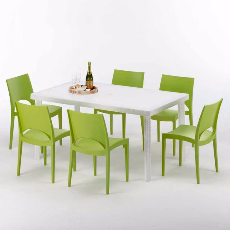 Tavolo rettangolare bianco e 6 sedie Set di bastoni da esterno in polipropilene colorato Grand Soleil Paris Summerlife - Verde
