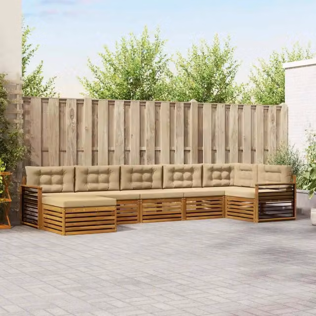 Set di divani da esterno vidaXL in legno di acacia con cuscini, 7 pezzi, Beige – 1