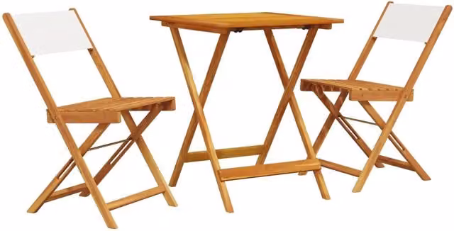 Set da Bistrot 3pz in Legno di Acacia Olio con Tessuto Bianco e Beige per Giardino e Balcone