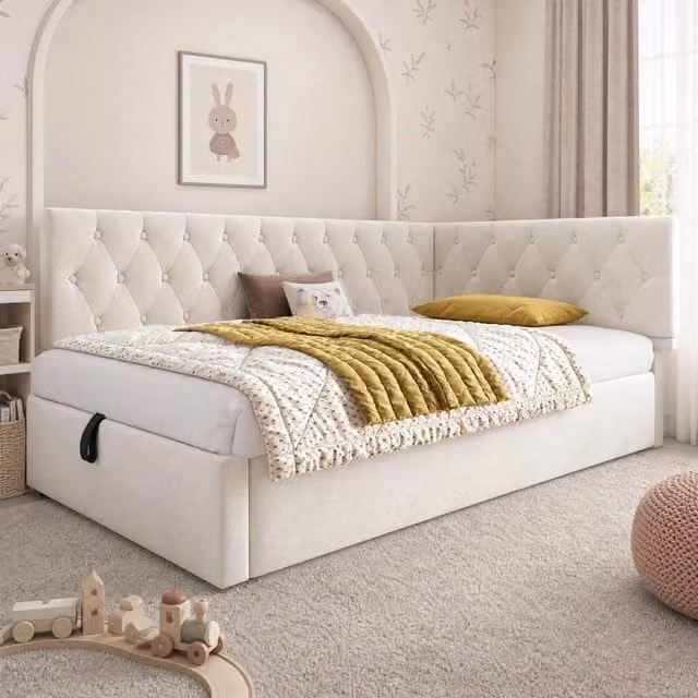 Letto 90x200 cm con contenitore idraulico e rivestimento in velluto beige