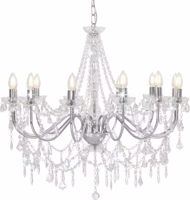 Lampadario a sospensione HELLOSHOP26 in metallo argentato e cristallo trasparente dal design antico con 12 lampadine, L: 80 cm, H: 75 cm