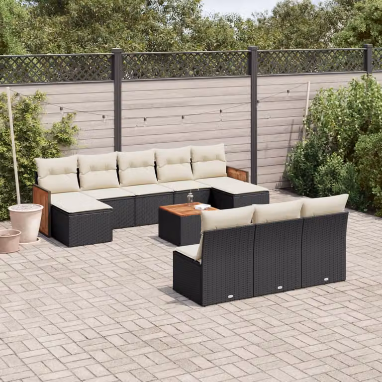 Set di divani da giardino vidaXL 11 pezzi in polyrattan nero con cuscini e tavolino da caffè moderno a forma di U