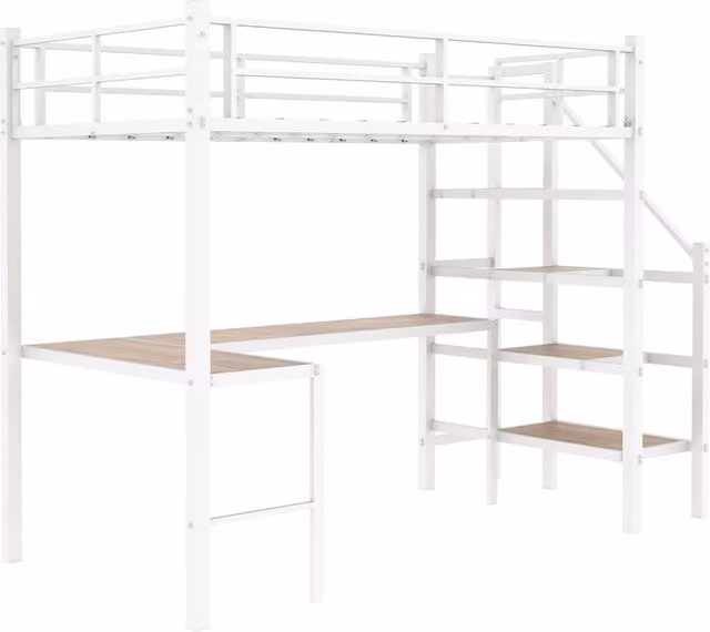 Letto a soppalco 90x190 cm con scrivania a L integrata, struttura in ferro con scala e parapetto di sicurezza
