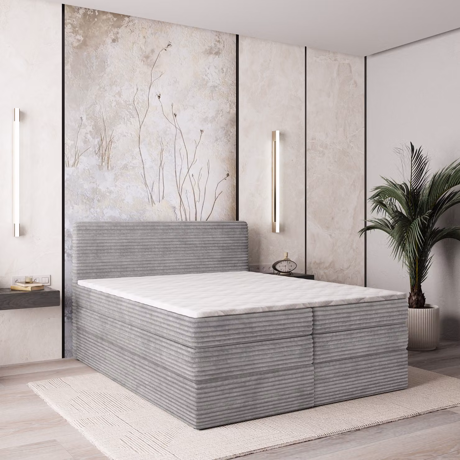 Letto a molle insacchettate Masseno LUNERA 140x200 cm completo di materasso e topper Bonell, letto imbottito con cassettiera - grigio chiaro, TILIA 86