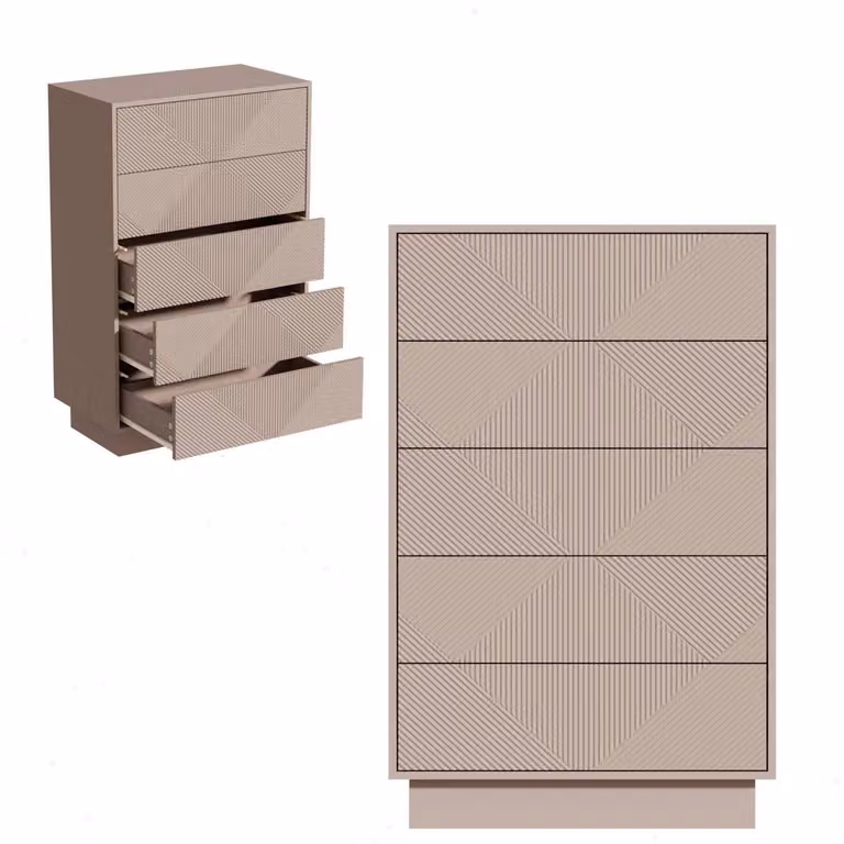 Comodino con 5 cassetti a sistema di apertura push-to-open, dimensioni 60x33,5x94 cm, colore moka