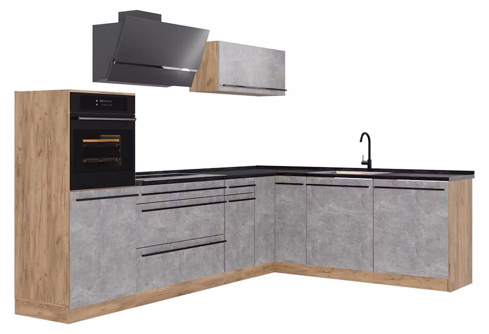 Cucina angolare completa Vicco R-Line Calcestruzzo/Rovere dorato 287 x cm senza piano di lavoro, Model 67464