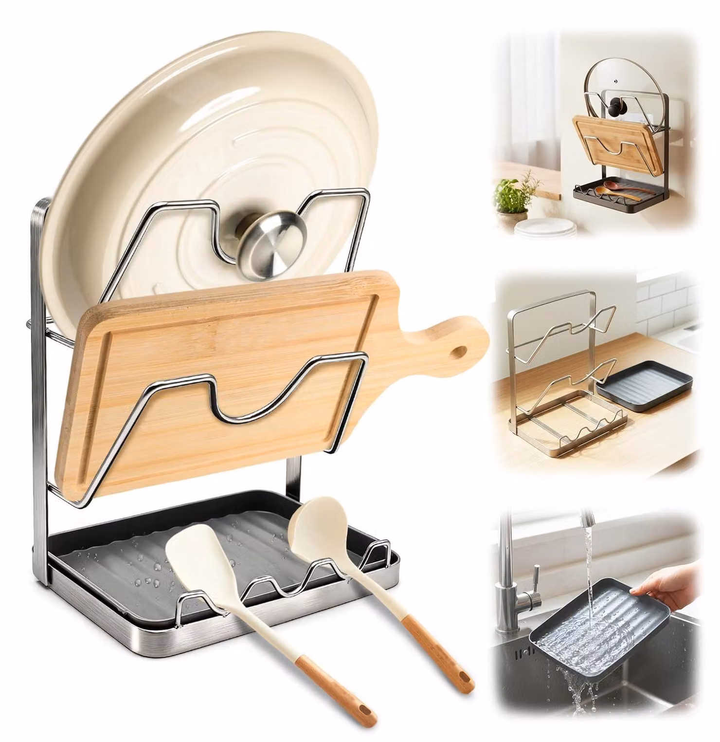 Omgoods - Portaoggetti da cucina per coperchi di pentole con portaposate e vaschetta raccogli gocce removibile