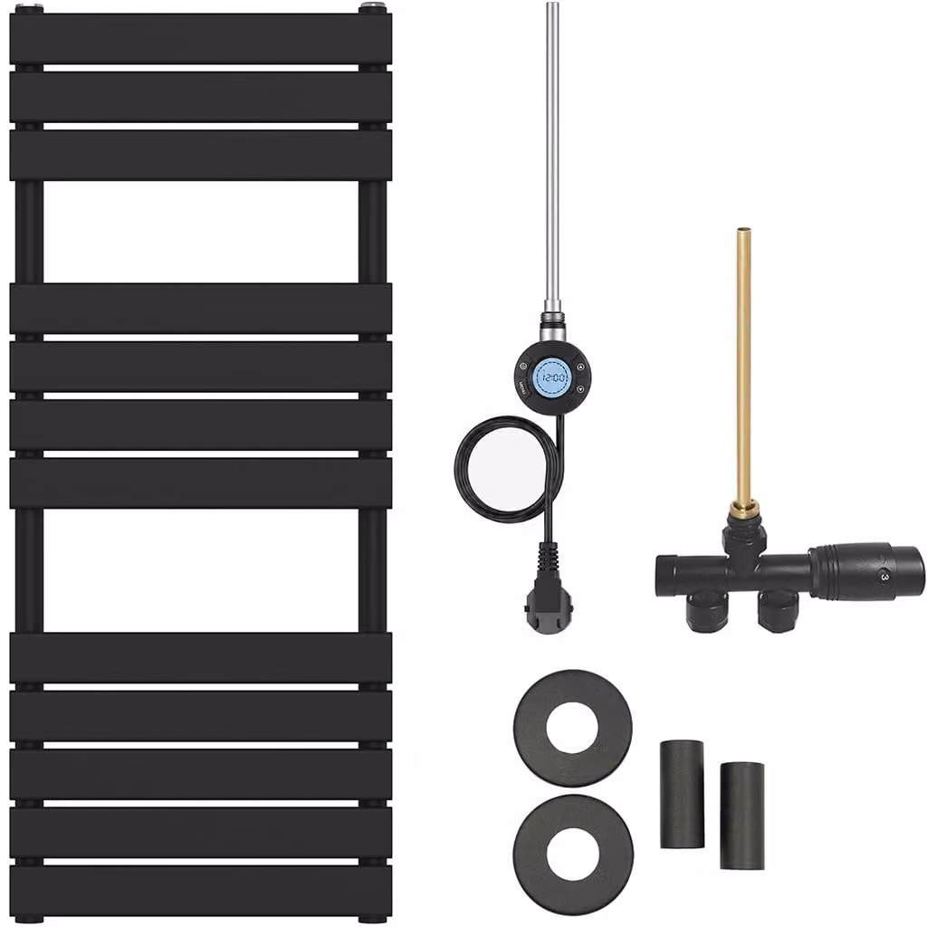 Set radiatore per bagno Claude - riscaldamento combinato, antenna Wi-Fi - collegamento laterale a un punto - 600W - nero opaco - 1200x500 mm