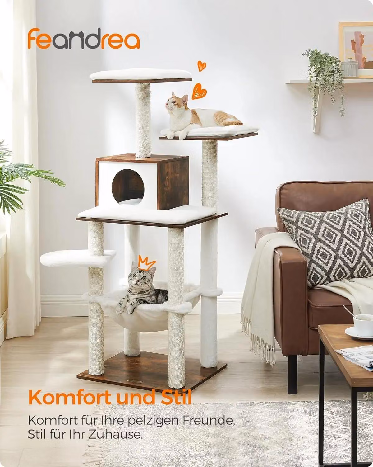Arredamento per gatti - Tiragraffi e struttura per arrampicata - 5 livelli - Legno - Tessuto in peluche da 500 g/m² - Finitura rustica - Giallo