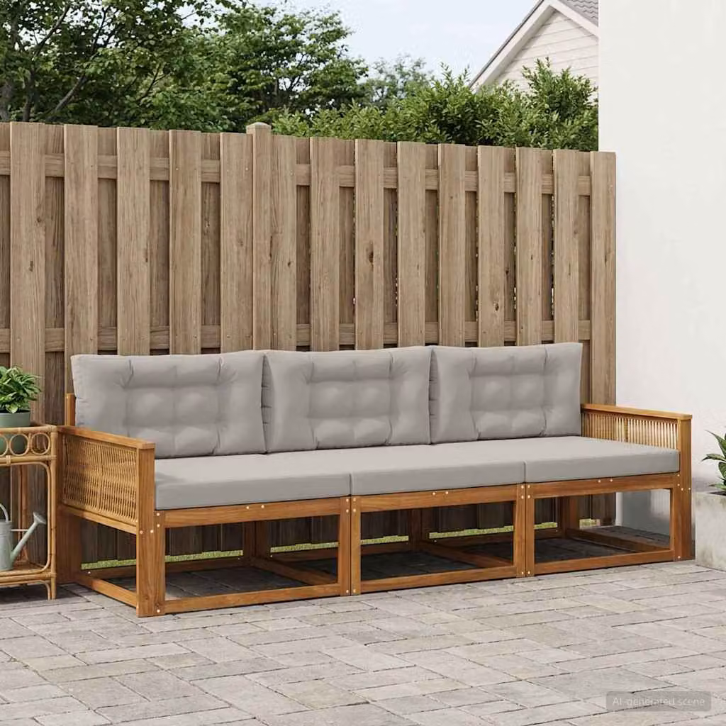 Set di divani da esterno vidaXL in legno di acacia con cuscini, 3 pezzi, Marrone e Grigio