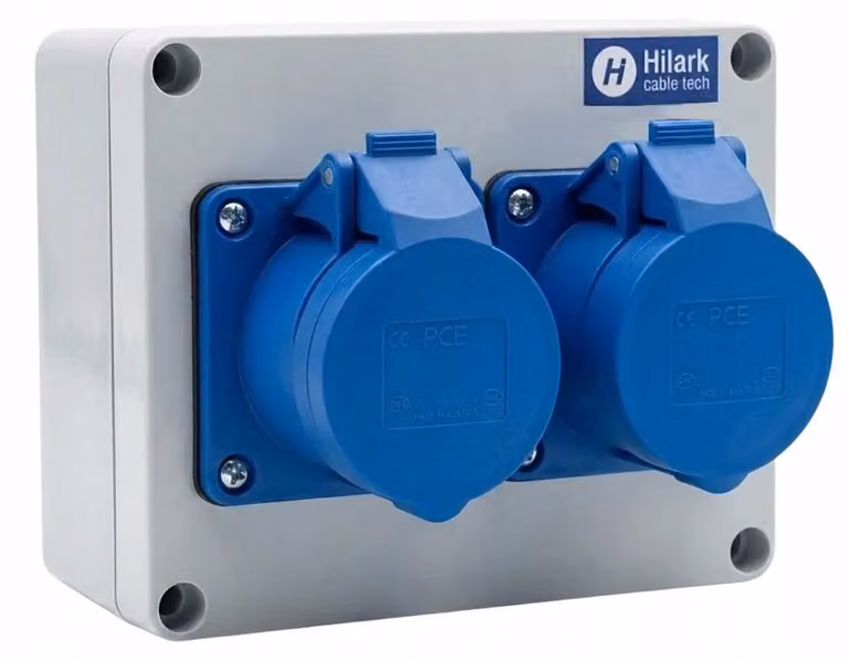 Distributore di corrente per cantiere, grado di protezione IP44, elettrico, con 2 prese da 230V, protezione con contatto di sicurezza, 32A, 3 poli, non collegato
