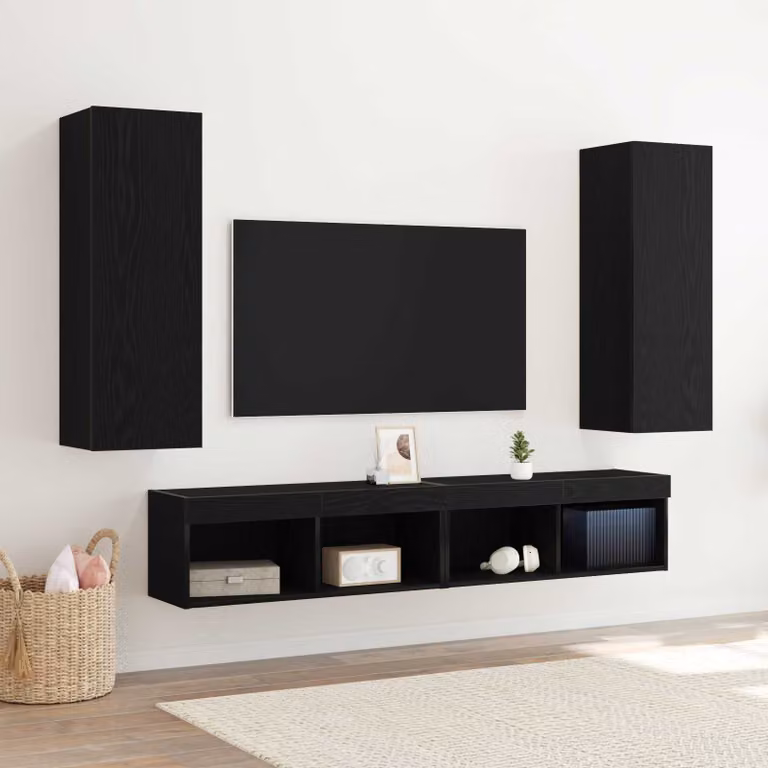 Set di 2 mobili TV da parete vidaXL in legno ingegnerizzato Rovere Nero, design moderno con scomparti multimediali