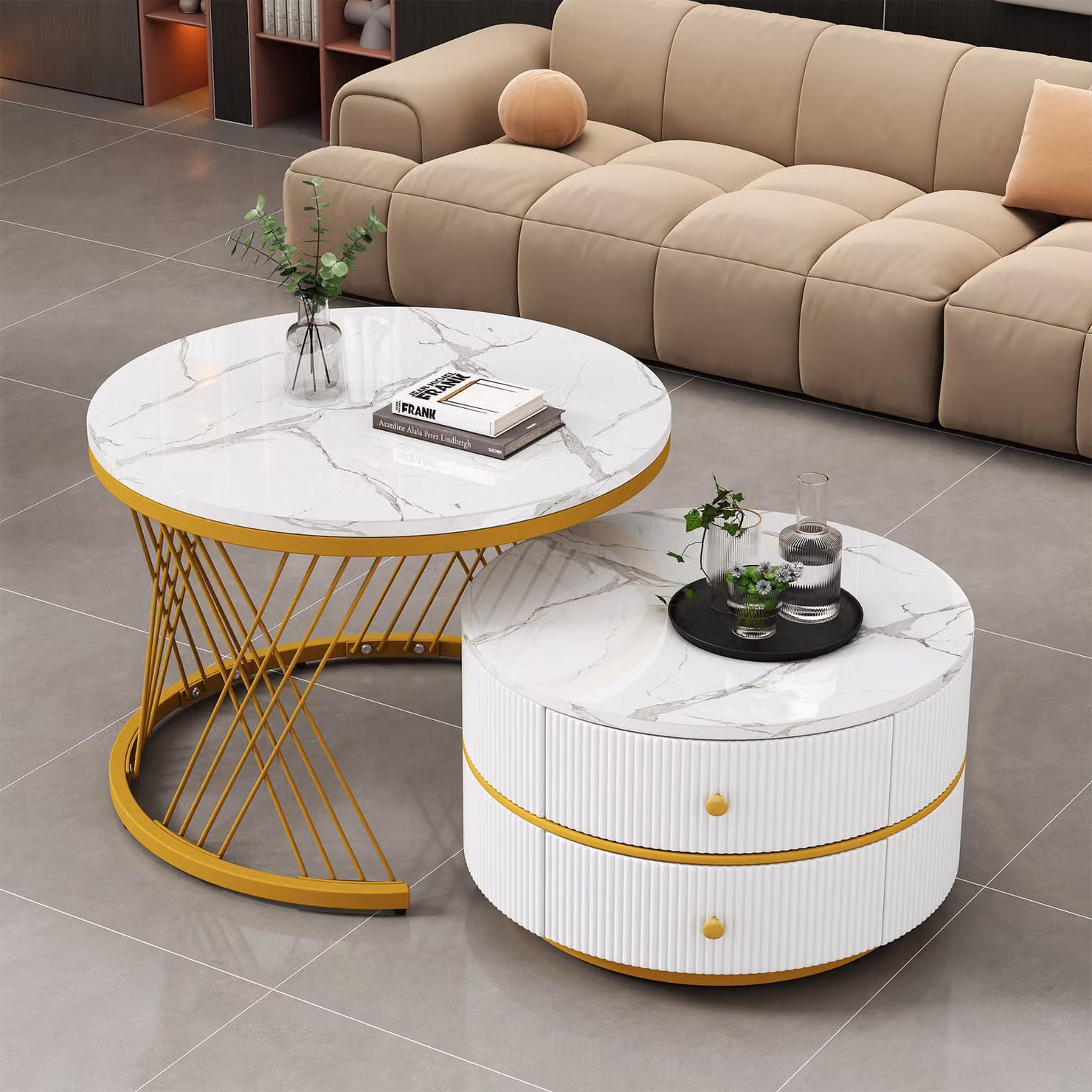 MODFU Tavolino da salotto, set da 2 pezzi per soggiorno, camera da letto, balcone, tavolino rotondo con 2 cassetti, dorato