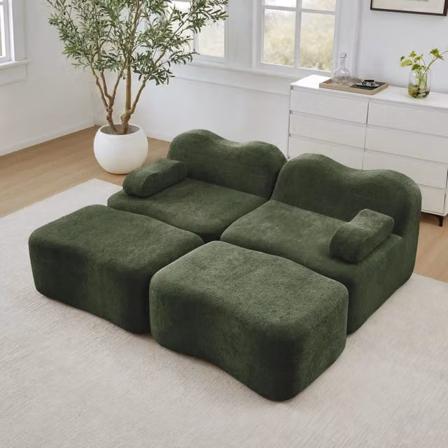 Divano Modulare 2 Posti con 2 Ottoman ¨C MINIMAL ¨C Verde, Braccioli Mobili, Schiuma Alta Densit¨¤