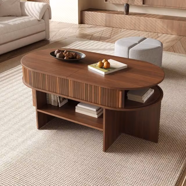 Tavolino basso fisso ovale con vani; porte scorrevoli e sgabelli rivestiti in tessuto noce 120 × 60 × 51.5 cm