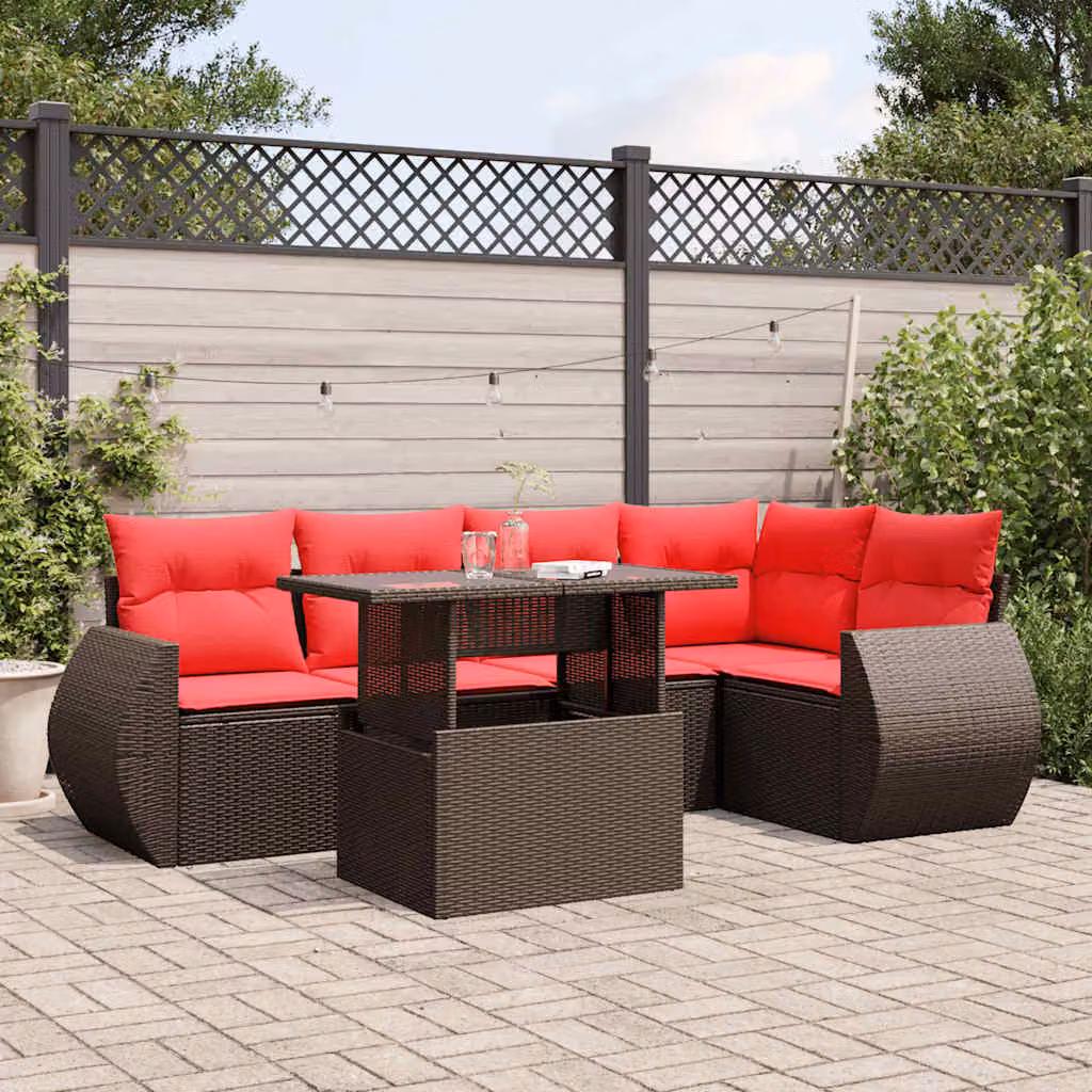 Set di divani da giardino vidaXL in polyrattan marrone con 6 pezzi e cuscini