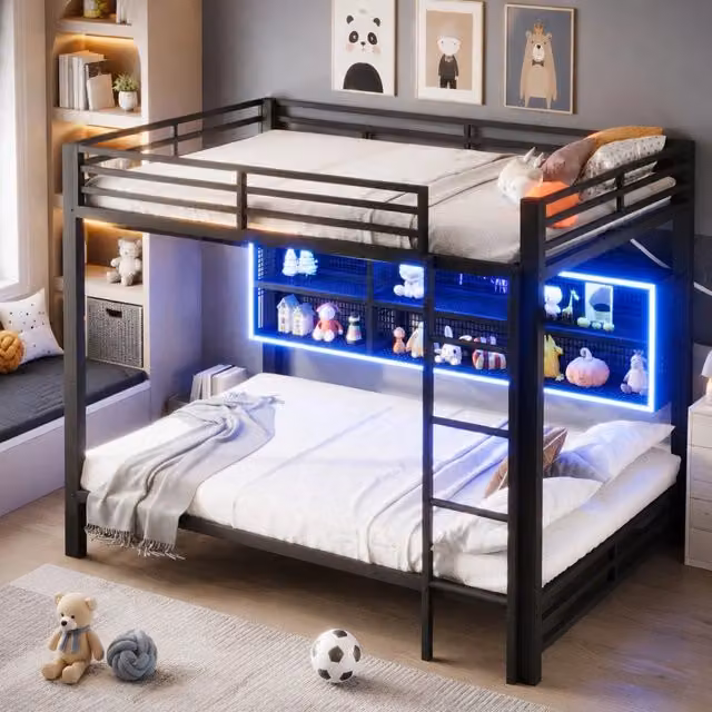 Letto a castello Mivray per bambini in metallo nero con 6 armadietti laterali, illuminazione LED sottostante e rete a doghe, L/P/H: 140 x 200 x 204 cm
