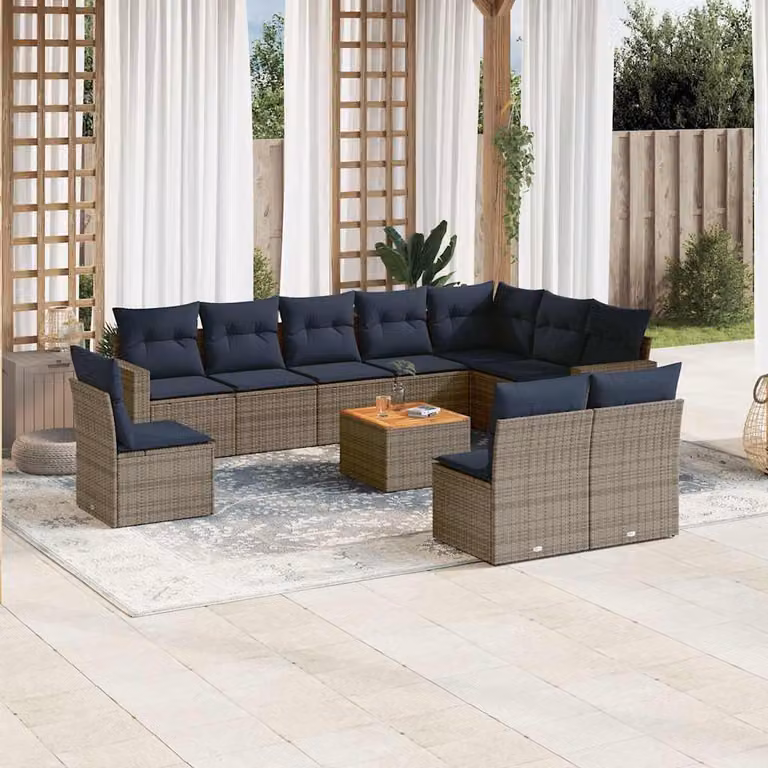 vidaXL Set Divani da Giardino 11 pz a Forma a L con Cuscini in Polyrattan e Legno di Acacia Grigio e Blu