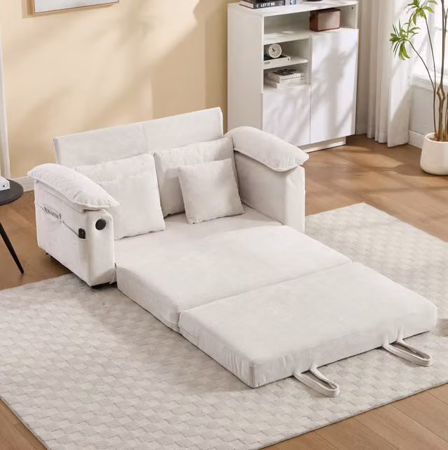 Divano letto convertibile 135x66x80 cm in tessuto bianco con tasche laterali -